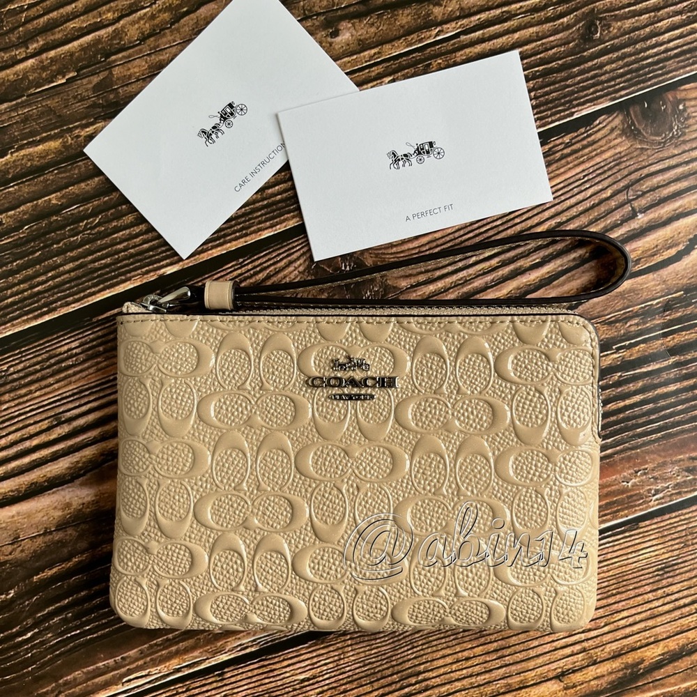 Coach Signature Embossed Patent Leather Corner Zip Wristlet Clutch